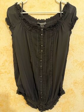 White House Black Market Black Ruffle-Trim Button Blouse